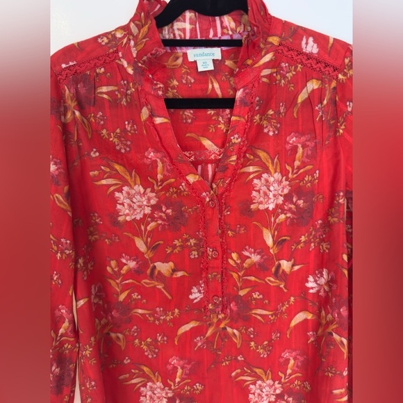 Sundance High Neck Floral Peasant Puff Sleeve Blouse Red size XS semi sheer - Picture 3 of 13